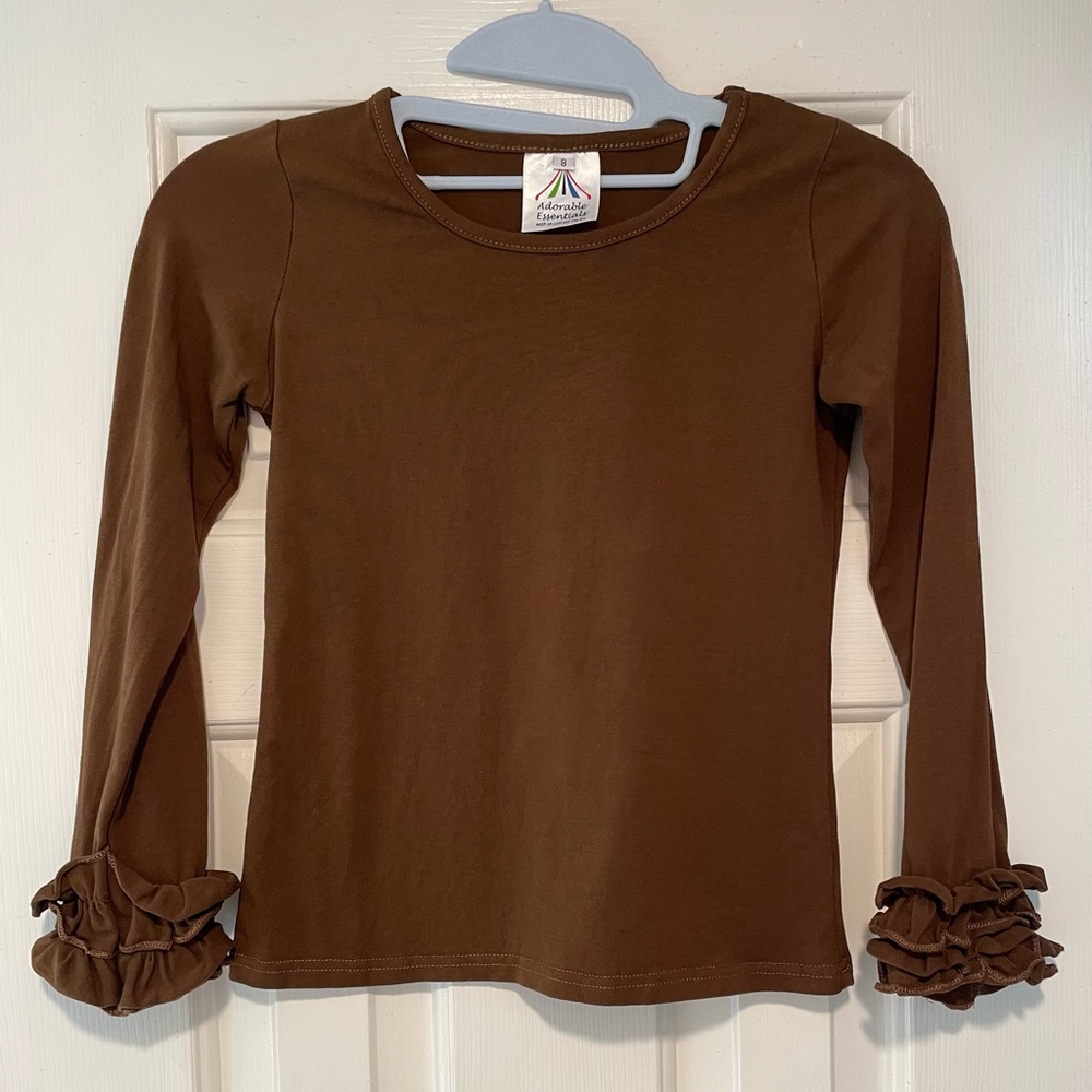 Size 8 Adorable Essentials, Long Sleeve Brown Ruffle, Cotton Shirt